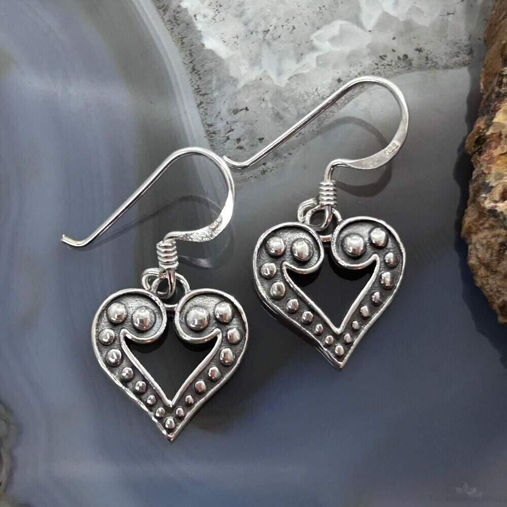 Sterling Silver Dotted Heart Design Dangle Earrings For Women
